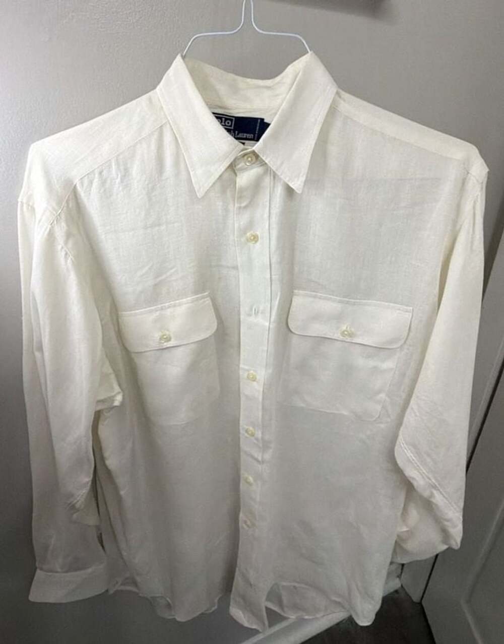 Polo Ralph Lauren Men’s S 100% Linen White Button Down Shirt Long Sleeve Pockets